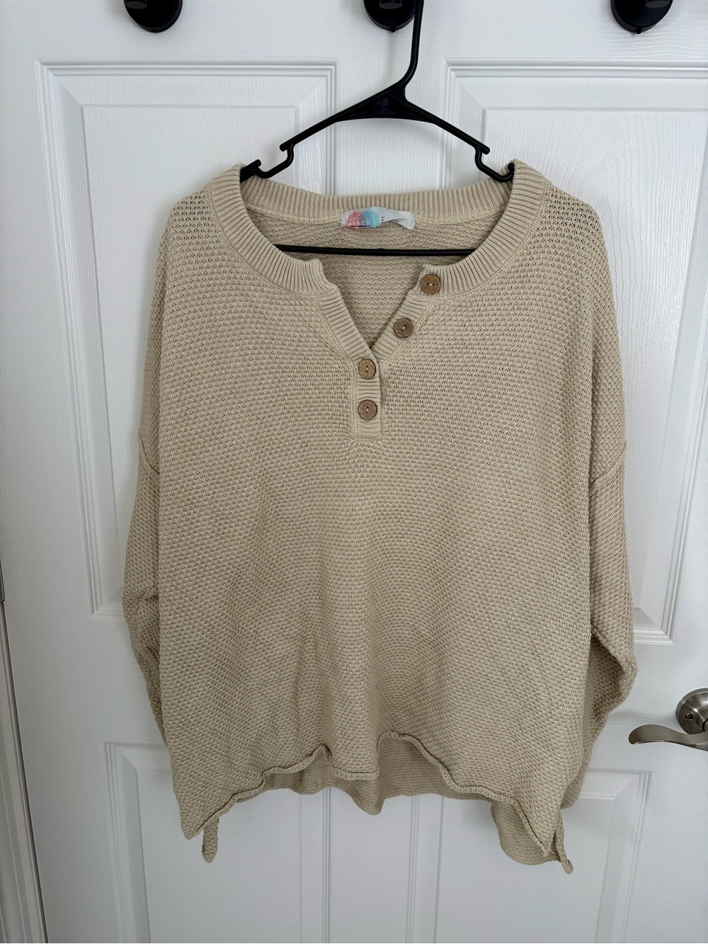 Free People Cream Waffle Knit Henley Sweater